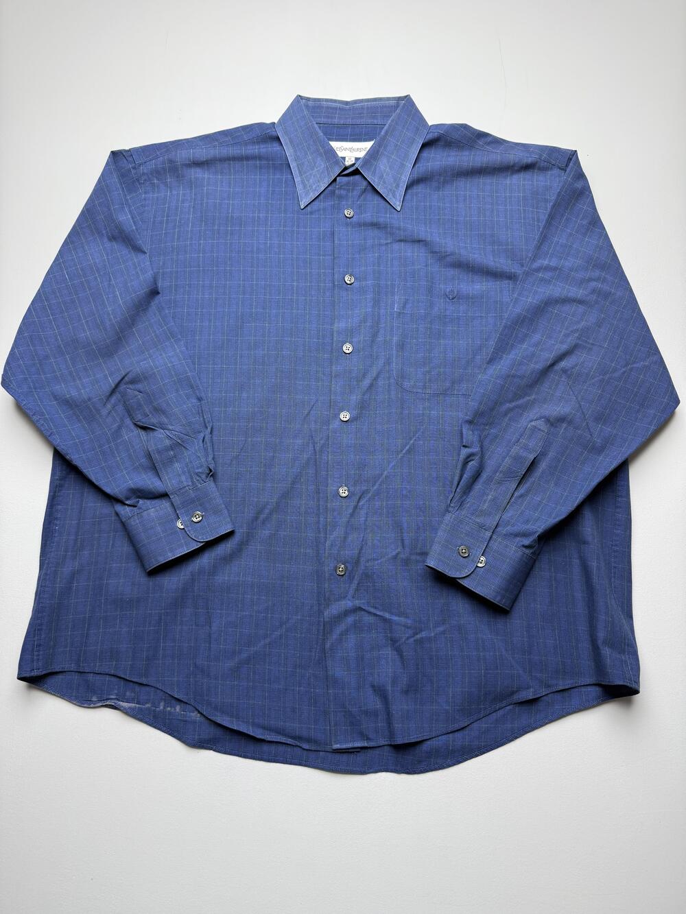 Yves Saint Laurent Dress Shirt Mens 17 32/33 XL Blue Check Classic Long Sleeve